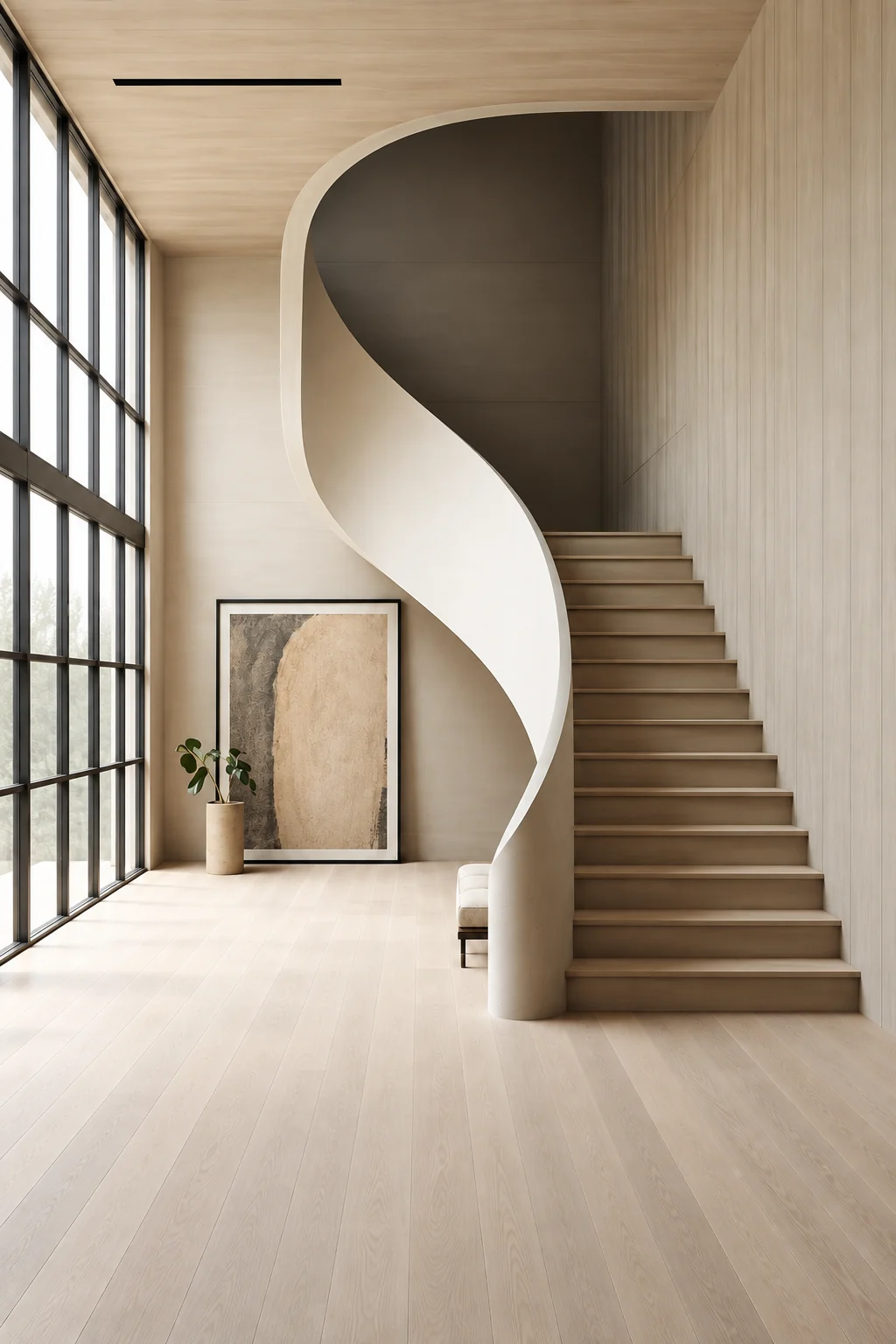 Illustrative image: a sculptural curved staircase beside full-height glazing and pale timber walls.