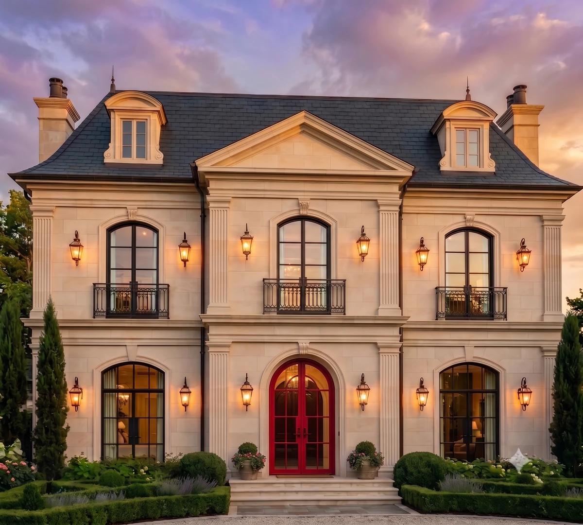 French limestone exterior concept with a slate mansard roof