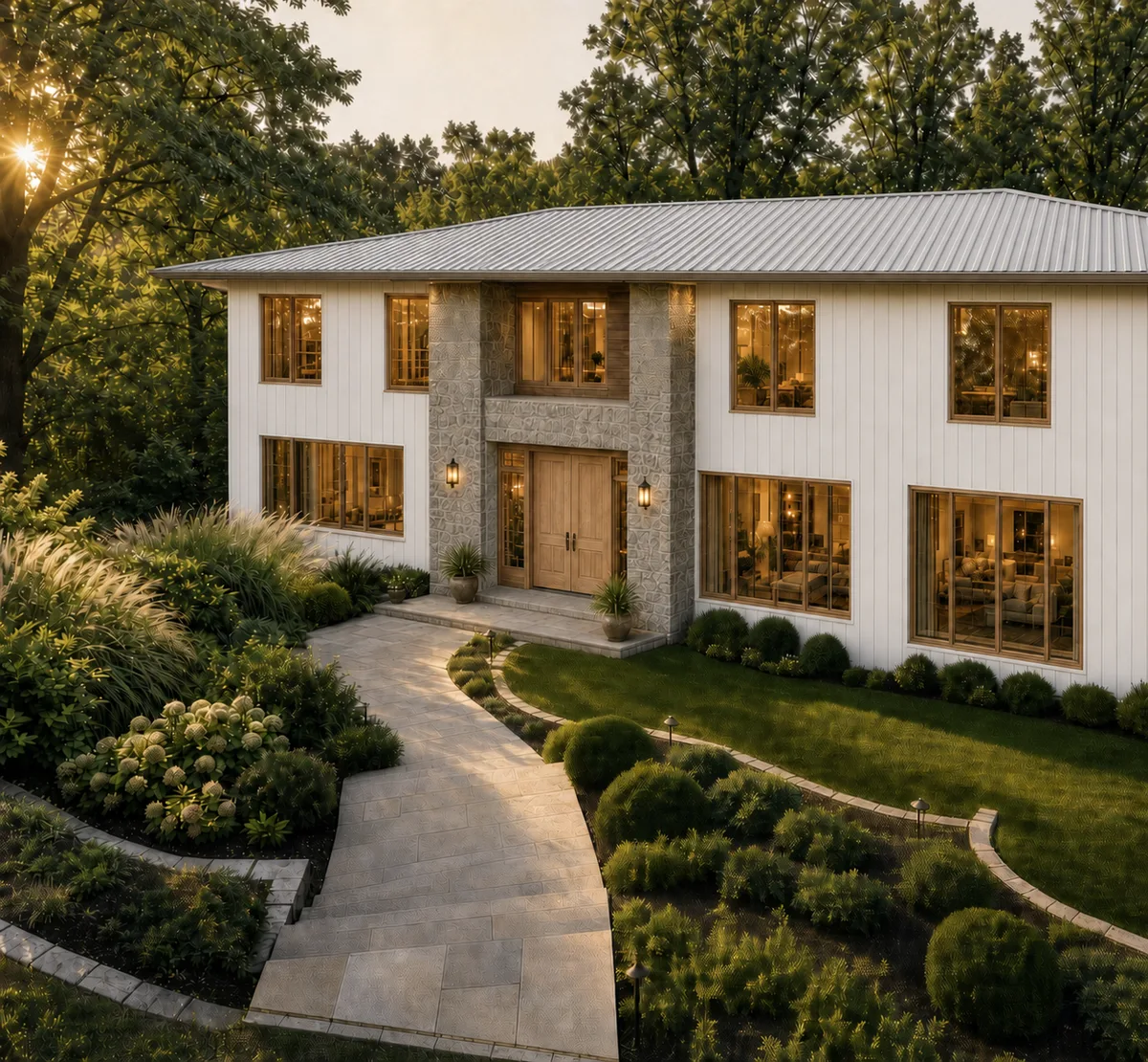 Exterior concept with stone, light siding, and a metal roof