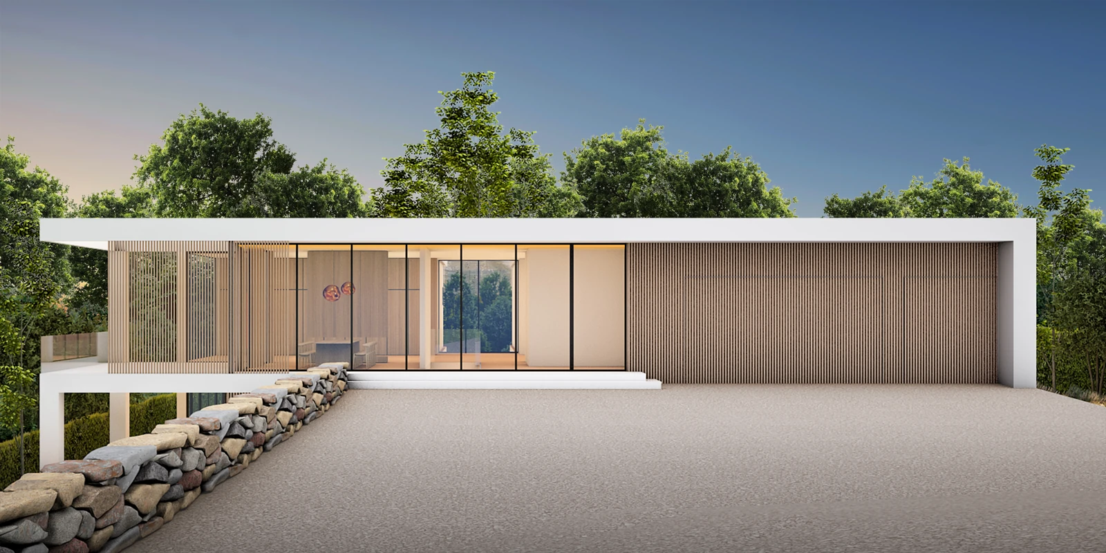 Architectural visualization of a contemporary residence with a long glazed façade