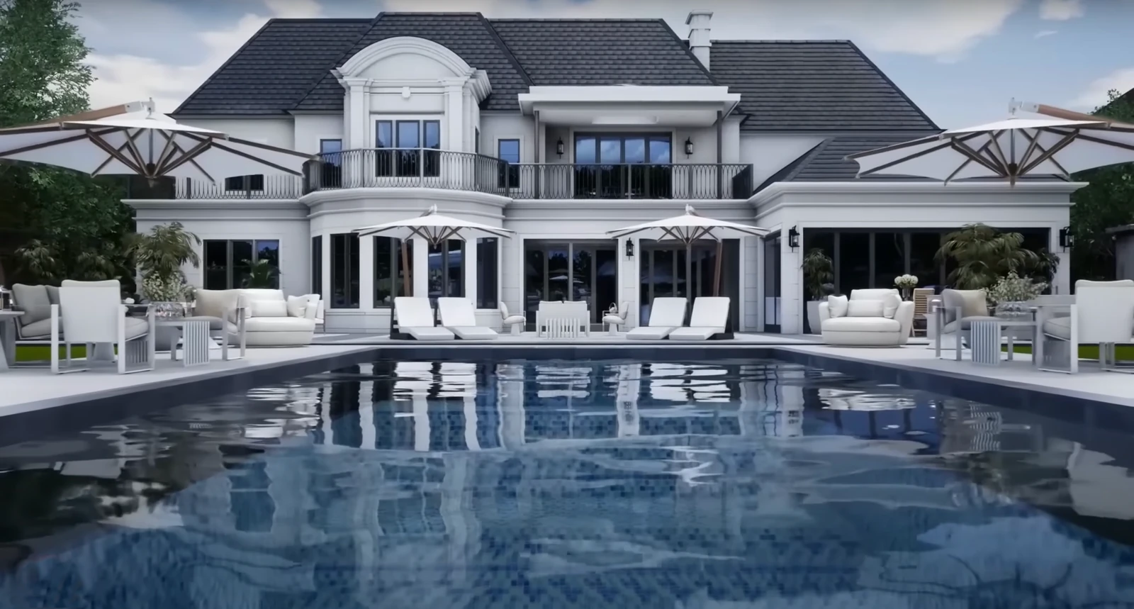 White estate and pool terrace at Wilshire Pond, Greenwich