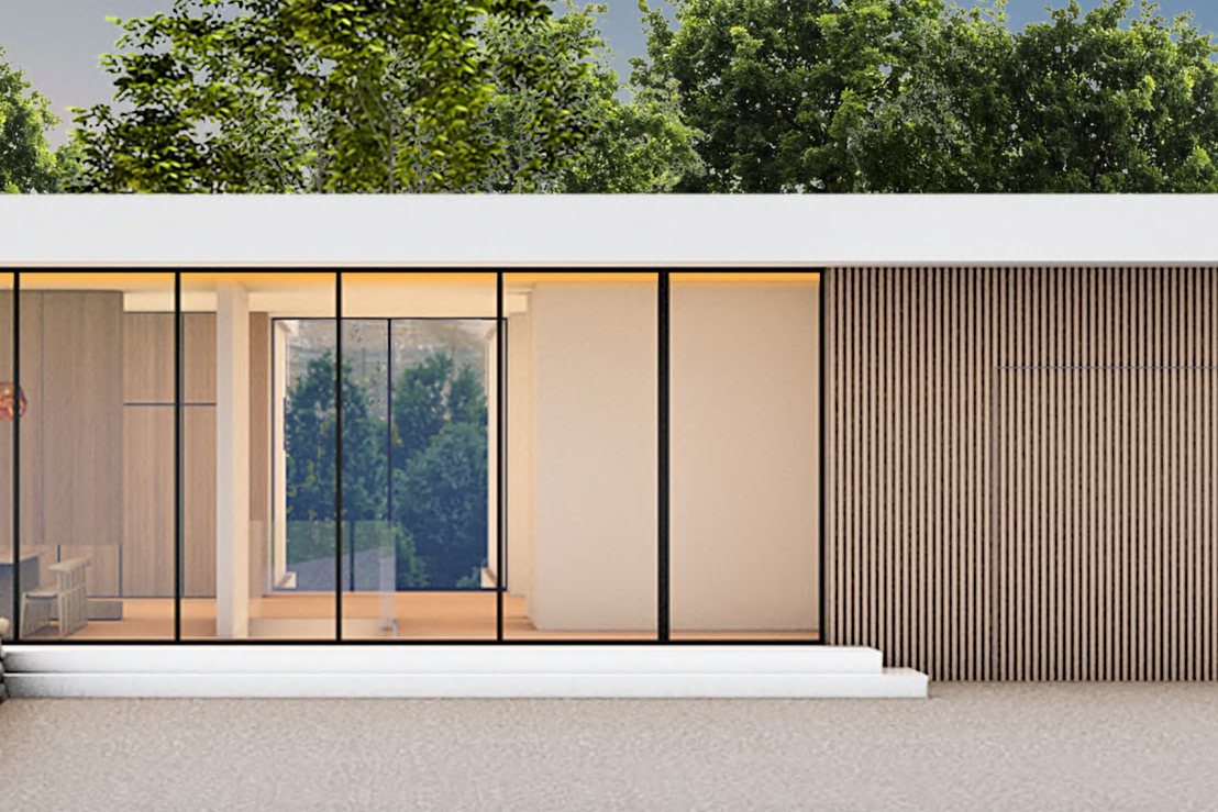 Low modern residence with floor-to-ceiling glazing and a vertical wood screen