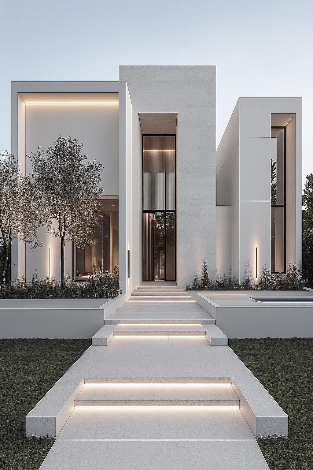 Illustrative white modern residence with a sculptural entrance and illuminated steps.