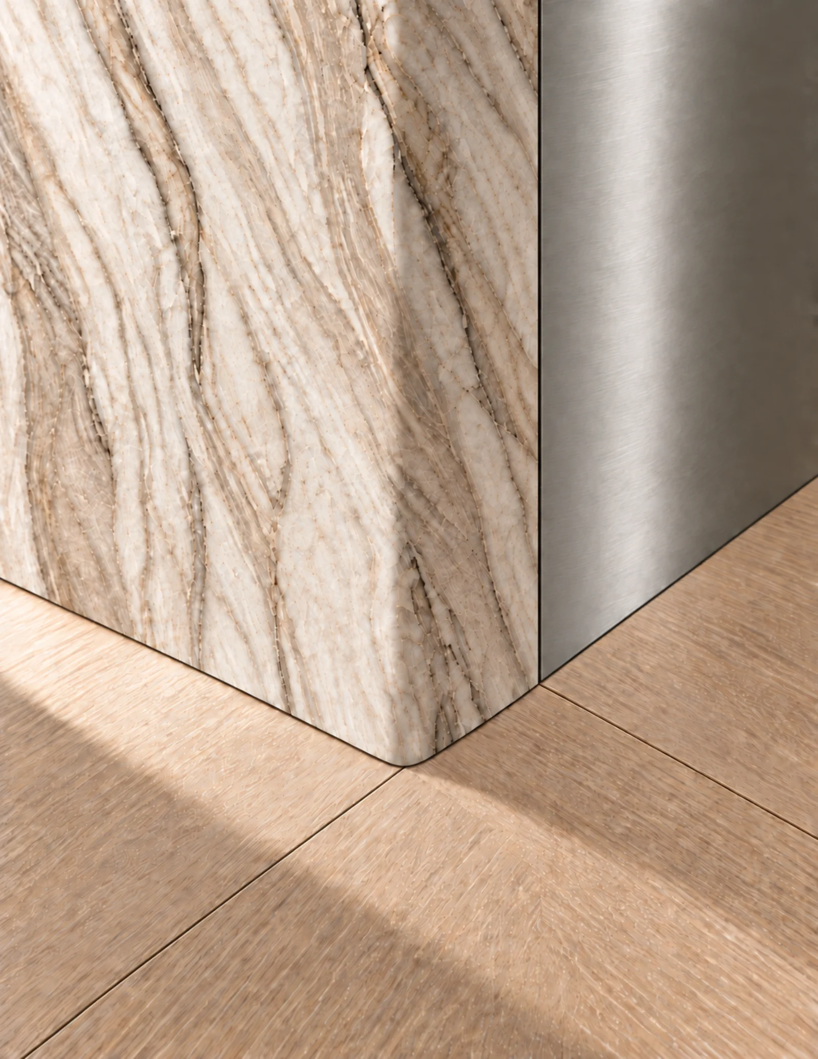 Illustrative detail of veined stone, brushed metal and natural wood meeting at a precise junction.