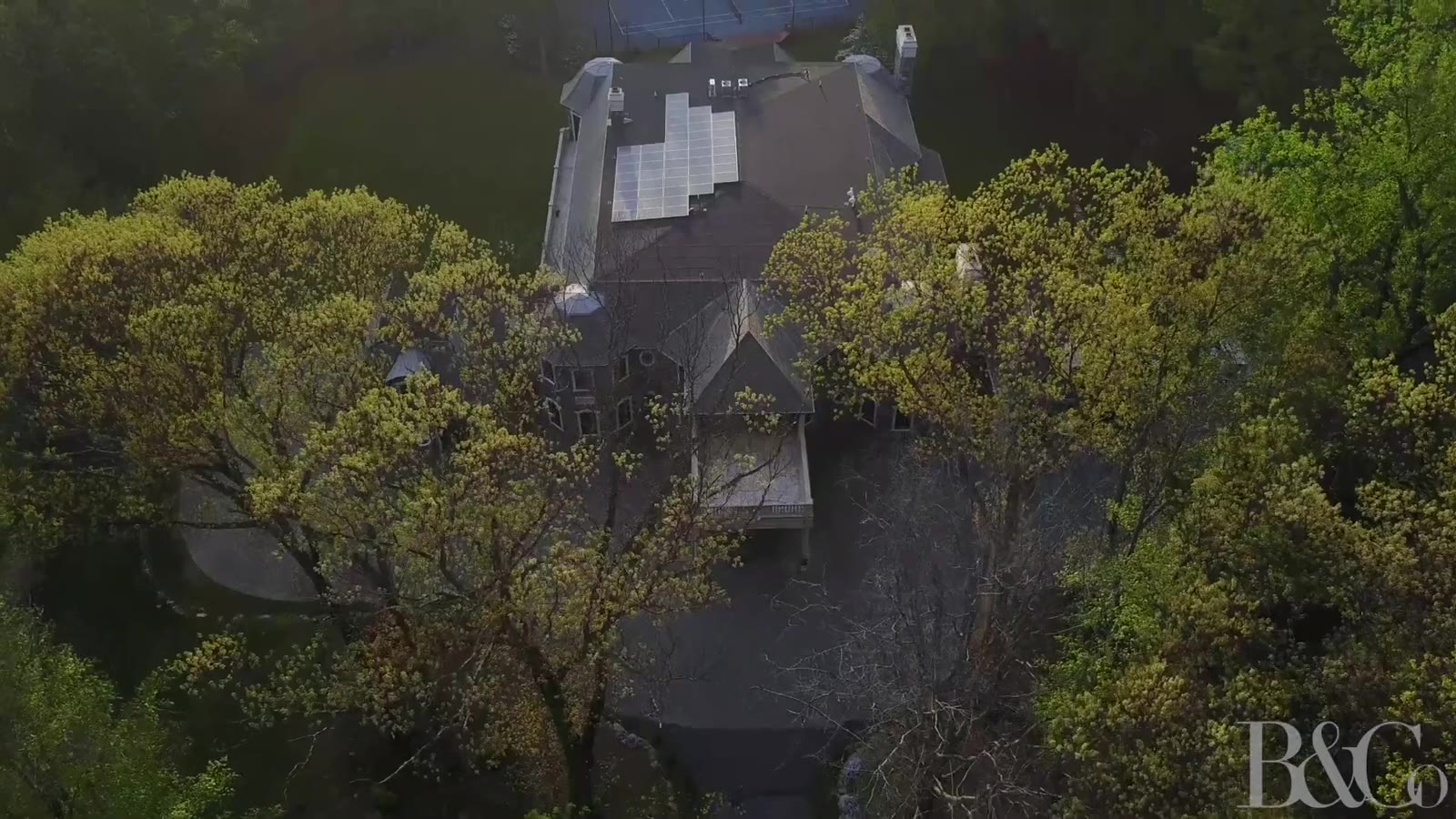 Opening aerial frame from the B&Co. film of the Saddle River stone residence