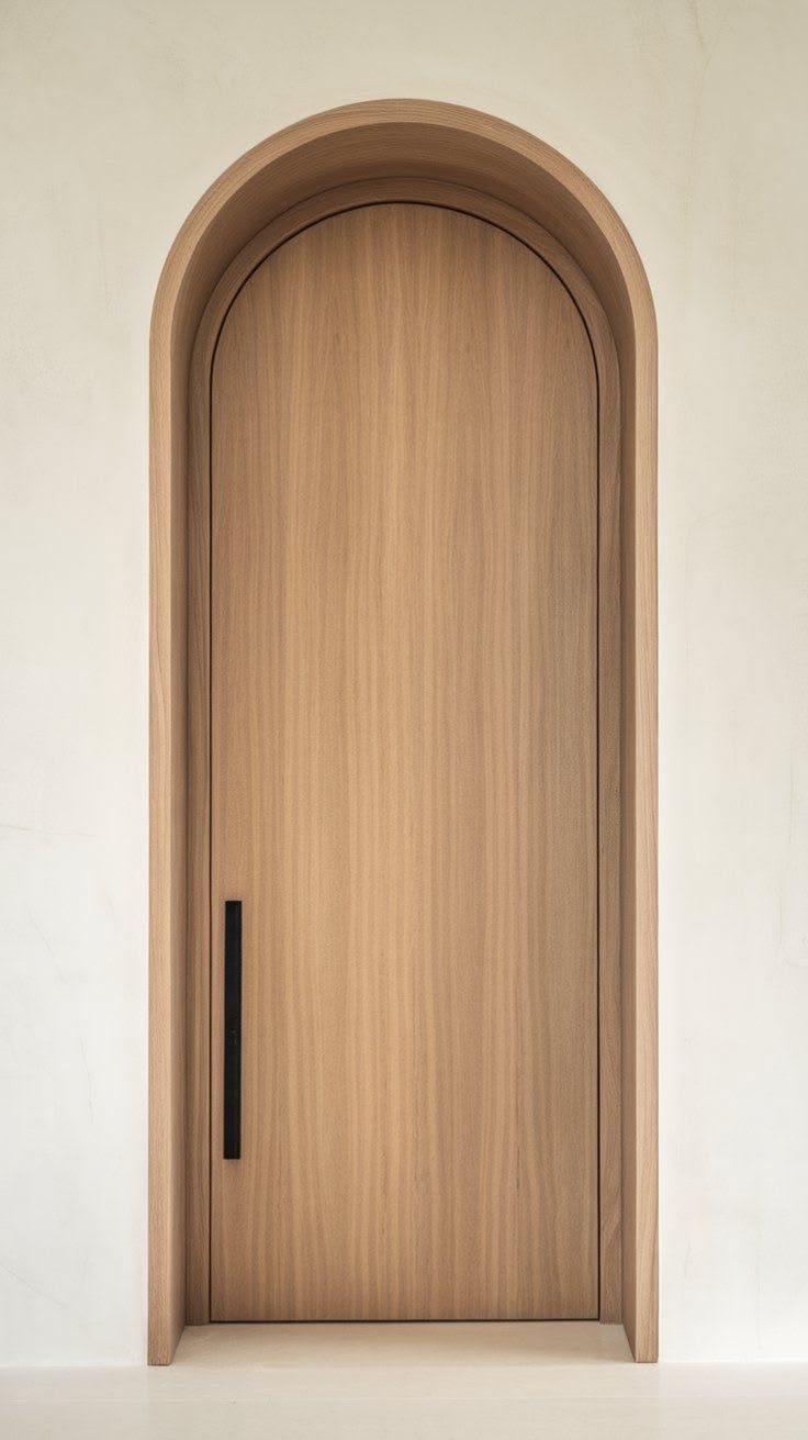 Arched wood-colored door with a long black vertical handle set in a light wall