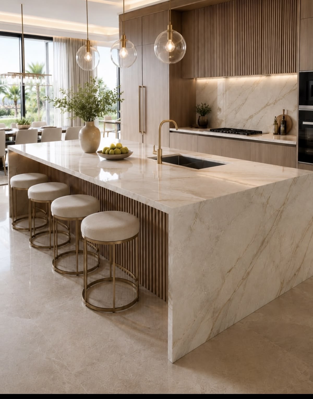 A pale veined kitchen island with stools, wood-toned cabinets and glass globe pendants.
