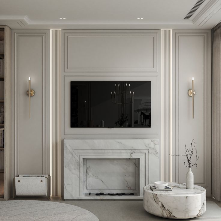 Pale living room with a marble fireplace, wall paneling, slim sconces, and a stone coffee table