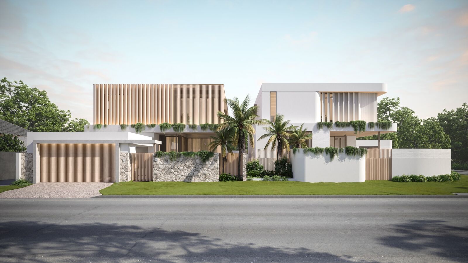 Illustrative architectural rendering of pale building volumes, vertical screens, terraces and planting