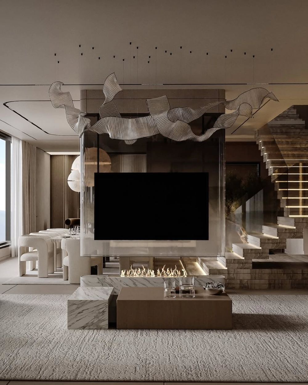 Illustrative living area with a sculptural pendant, a screen, pale furniture and a staircase