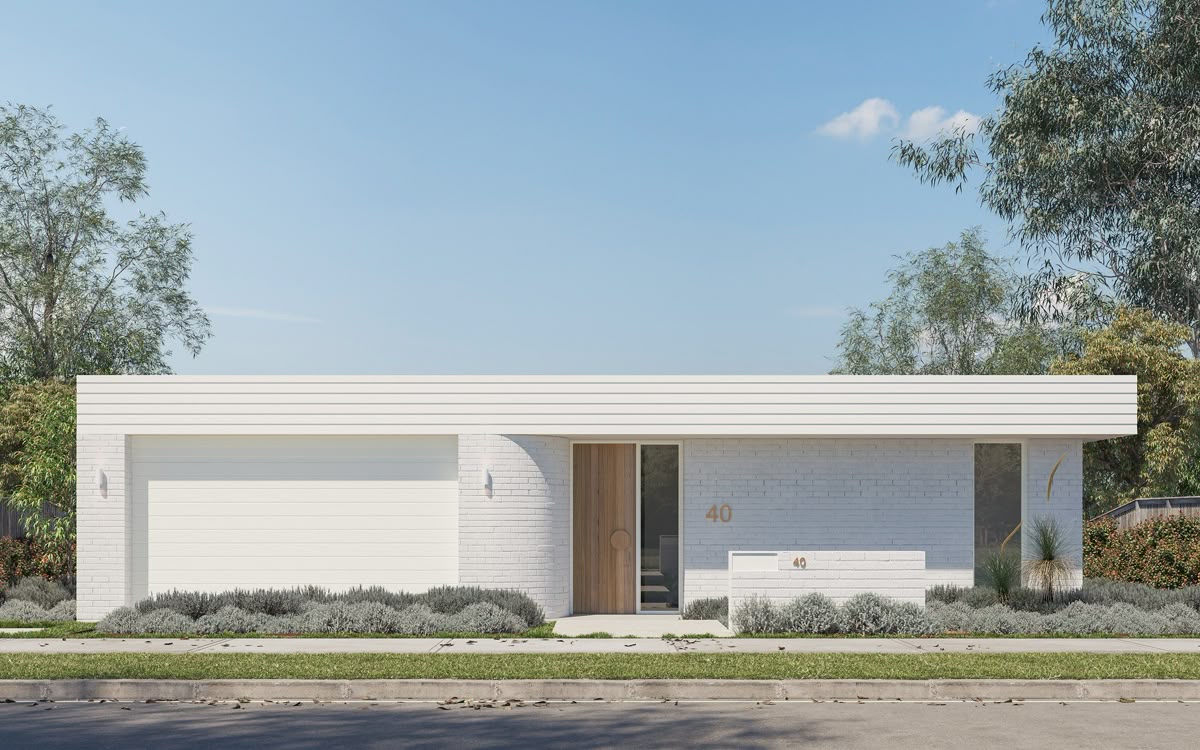 Illustrative rendering of a low white residence with a broad garage door, brown entry door and planting