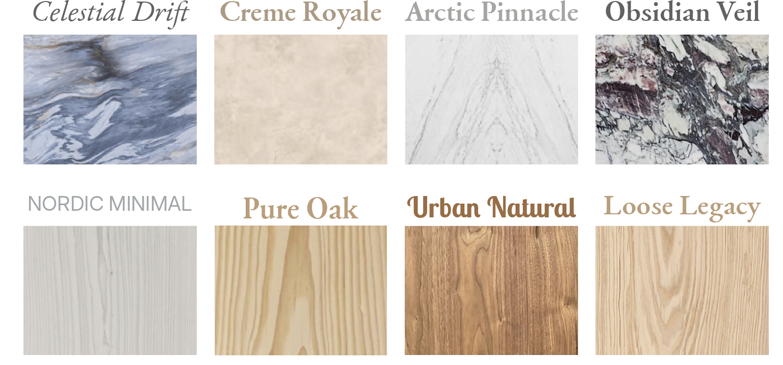 B&Co. Surfaces material grid — Celestial Drift, Creme Royale, Arctic Pinnacle, Obsidian Veil, Nordic Minimal, Pure Oak, Urban Natural, and Endless Legacy