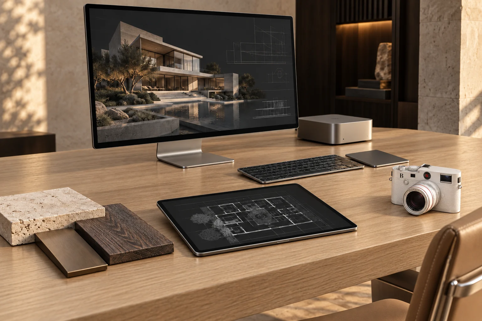 Architectural worktable with a modern residence on screen, a floor plan, material samples and a camera.