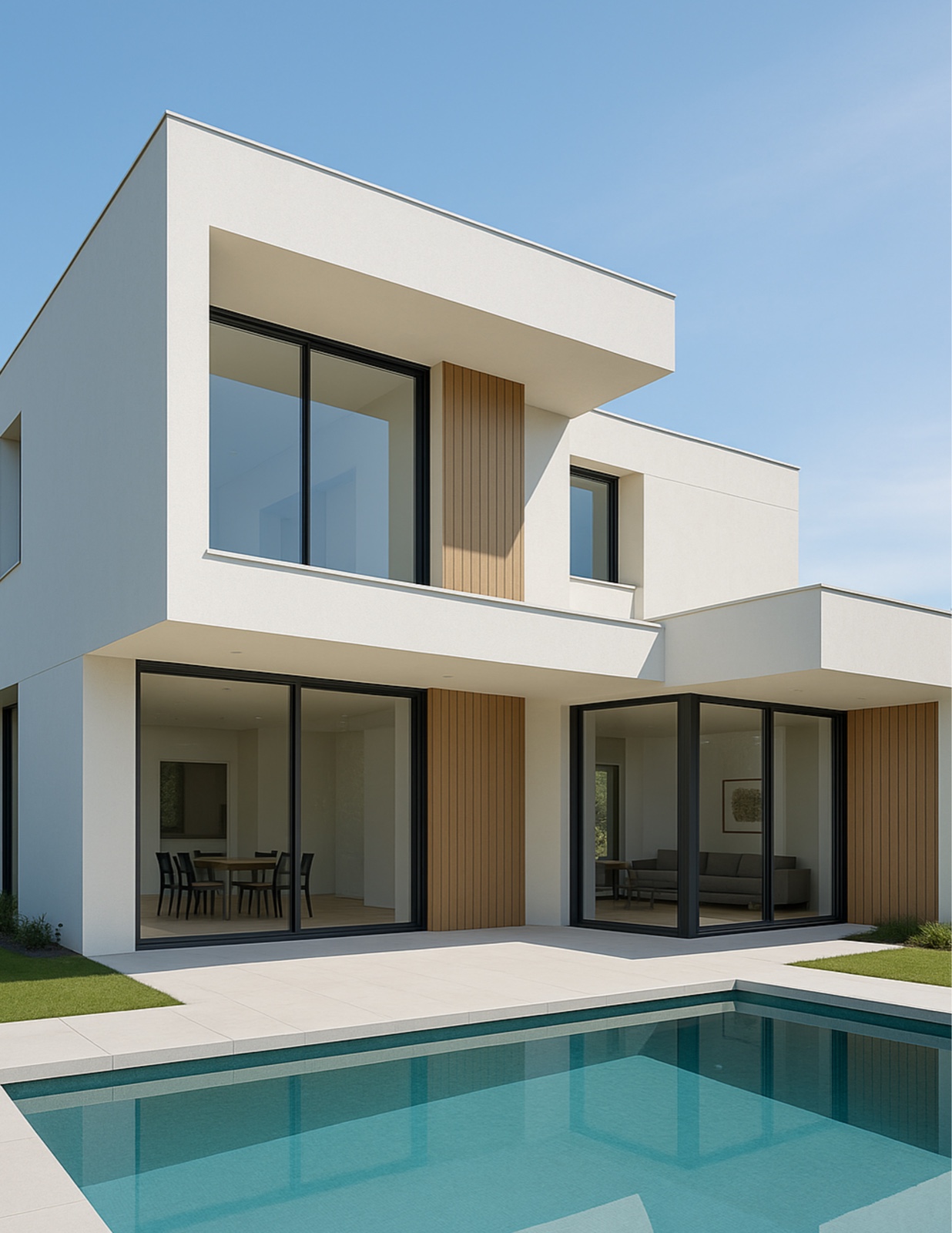 Illustrative contemporary white residence beside a pool under a clear blue sky.