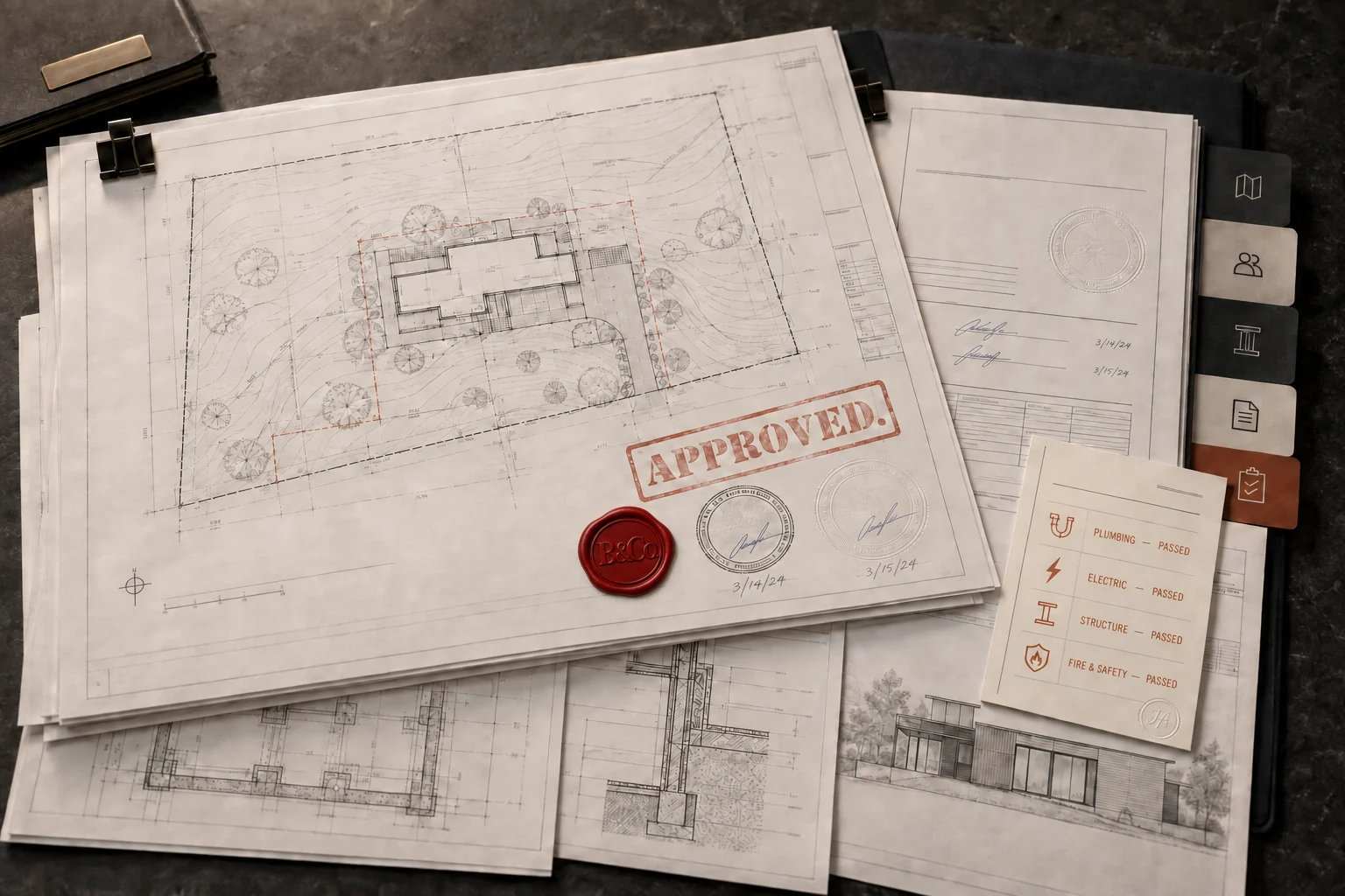 Illustrative image: architectural drawings, approval documents, and an inspection checklist.