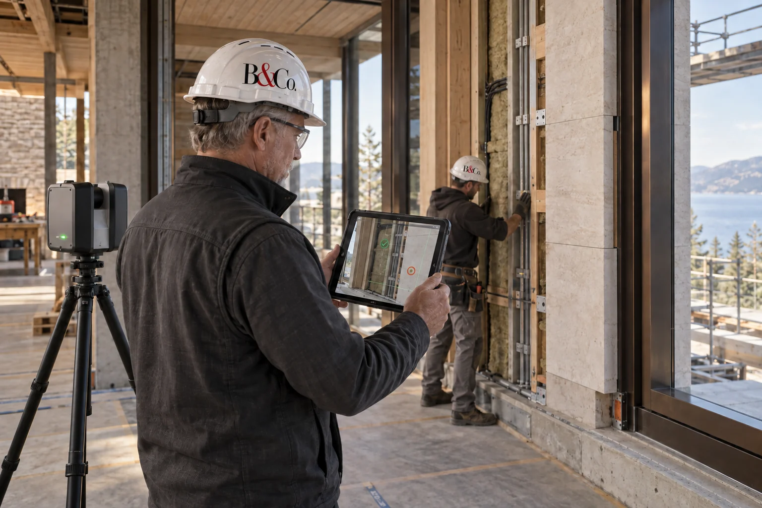 Illustrative image: construction detailing reviewed on a tablet beside an unfinished wall assembly.