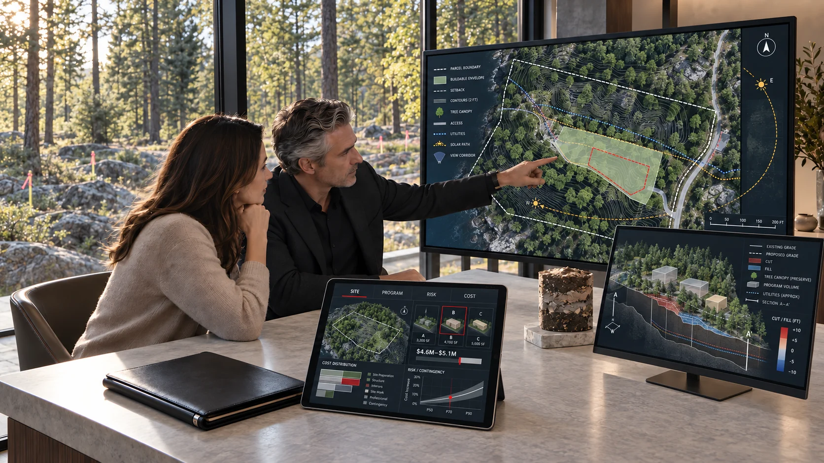 Illustrative image: a site-feasibility discussion with digital land studies and concept options.
