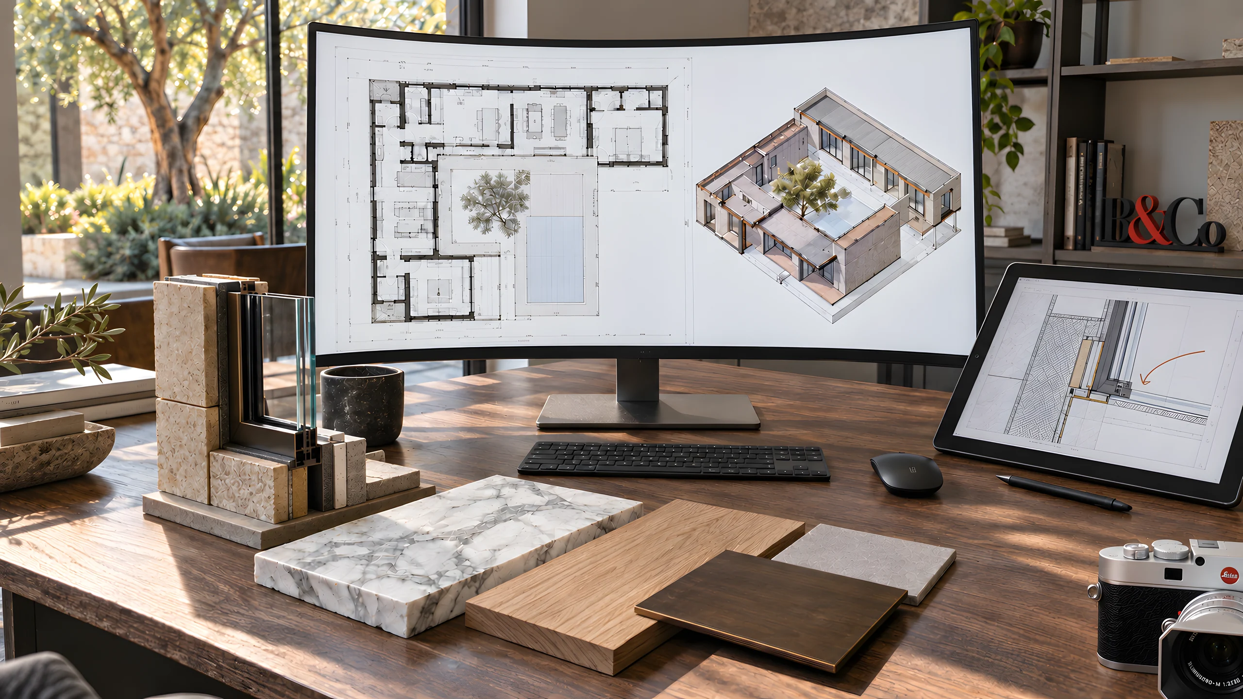 Illustrative image: architectural plans and a three-dimensional model alongside material samples.