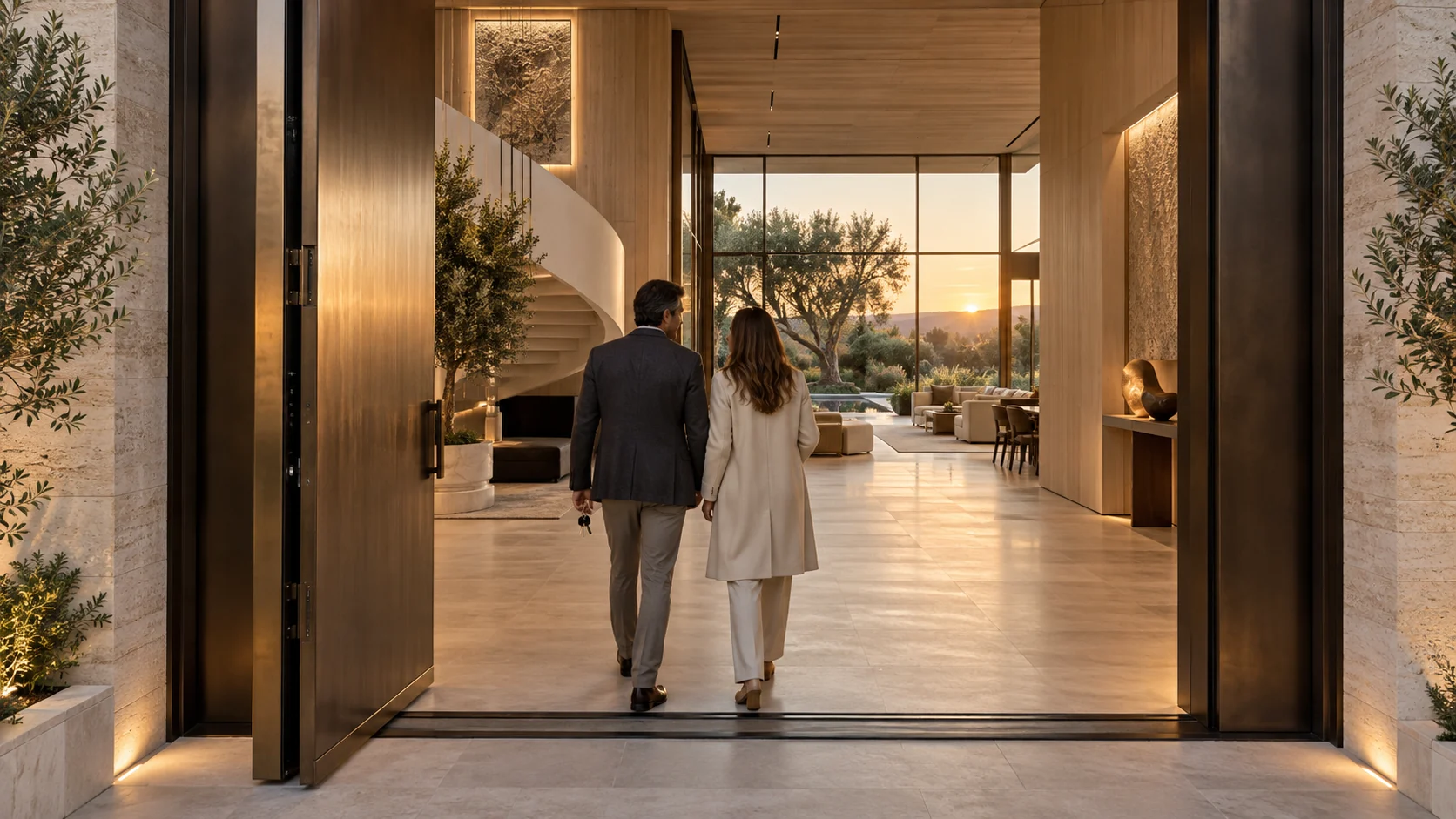 Illustrative image: arrival through open doors into a completed, furnished interior at sunset.