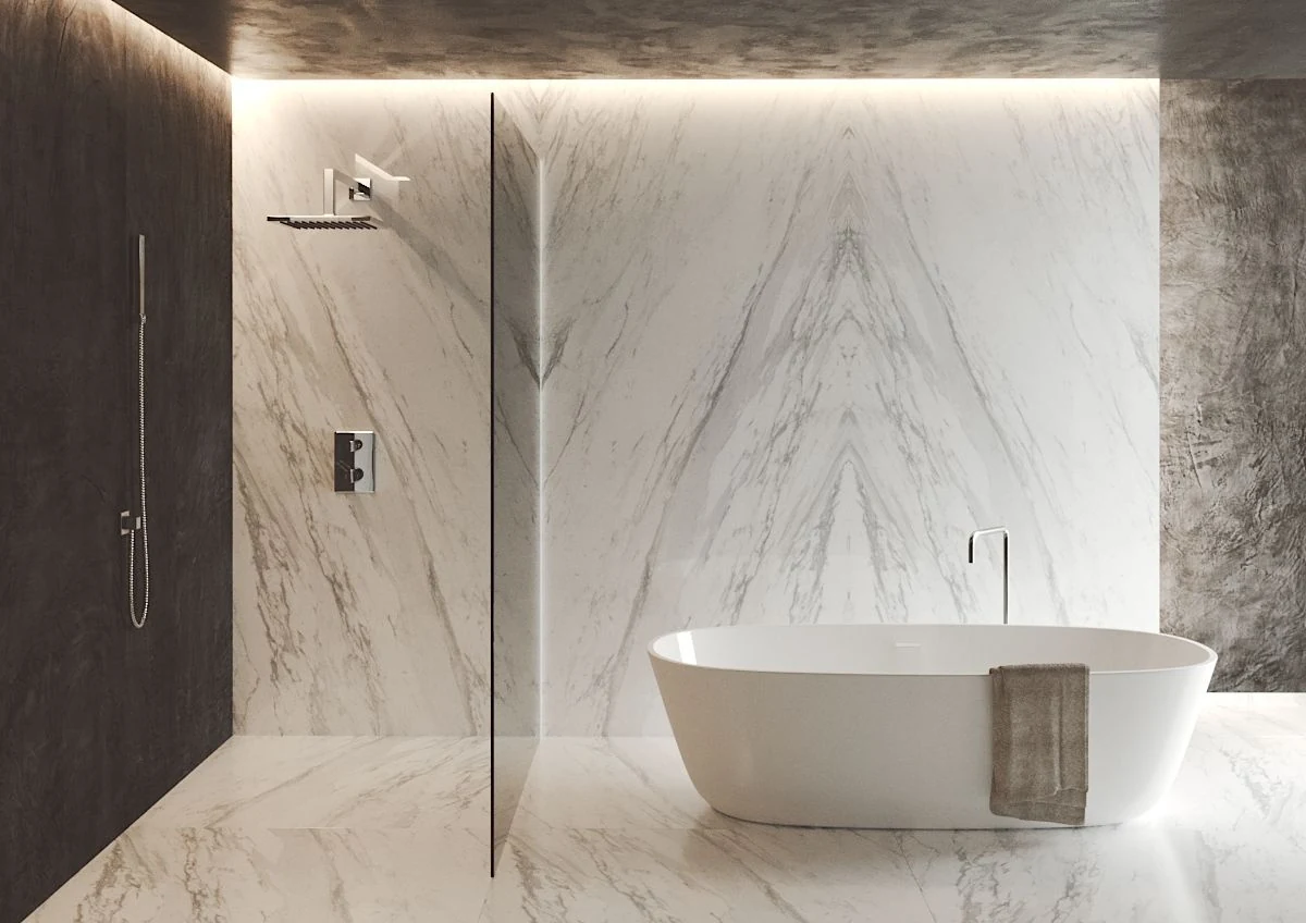 Arctic Pinnacle bookmatched stone bathroom from the B&Co. Surfaces catalogue
