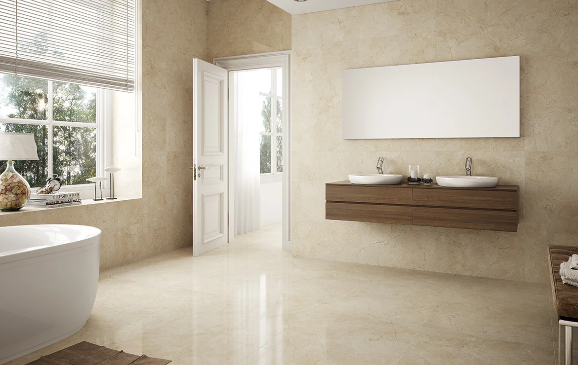 Creme Royal stone bathroom from the B&Co. Surfaces catalogue