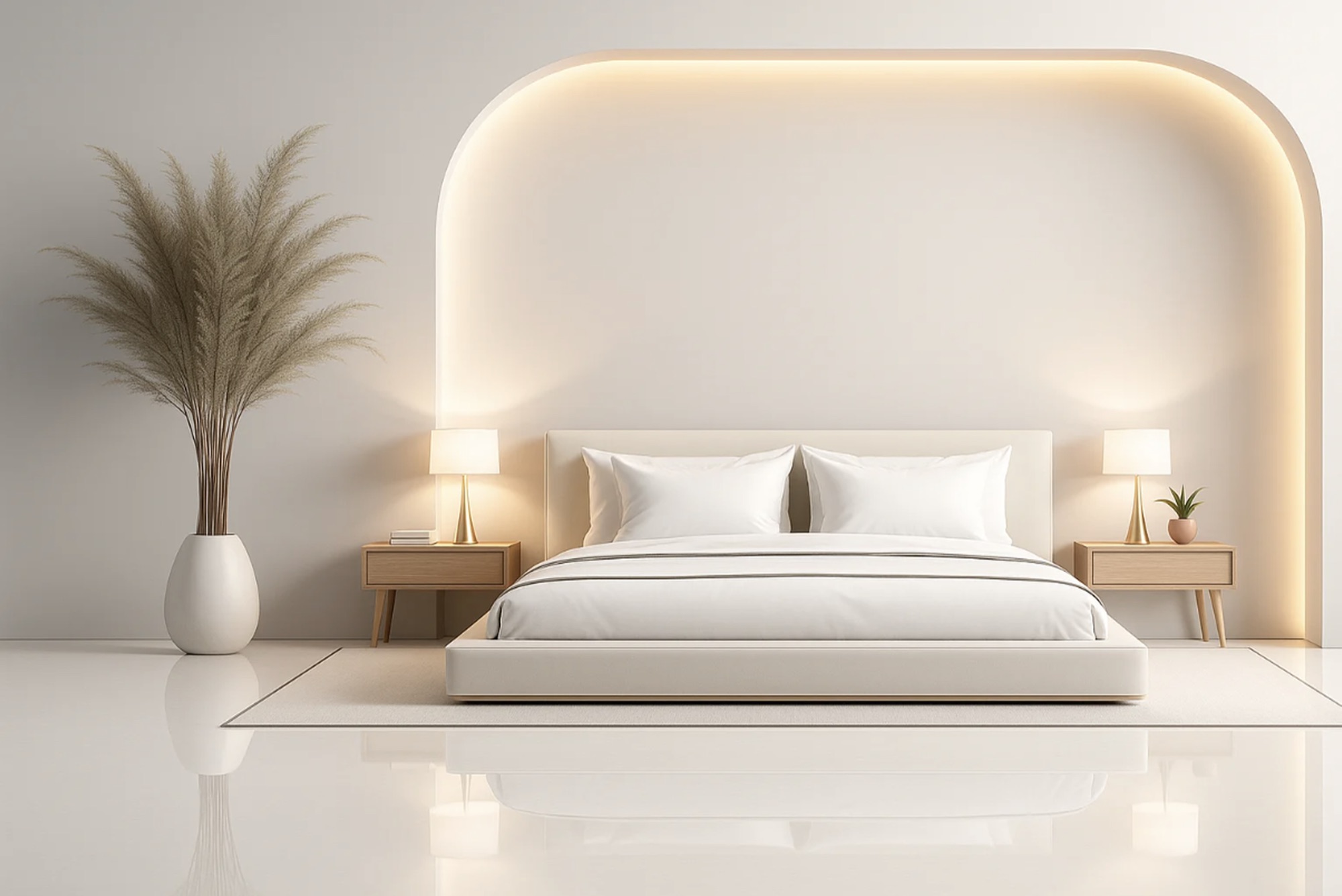 Minimal bedroom with a softly illuminated curved wall recess