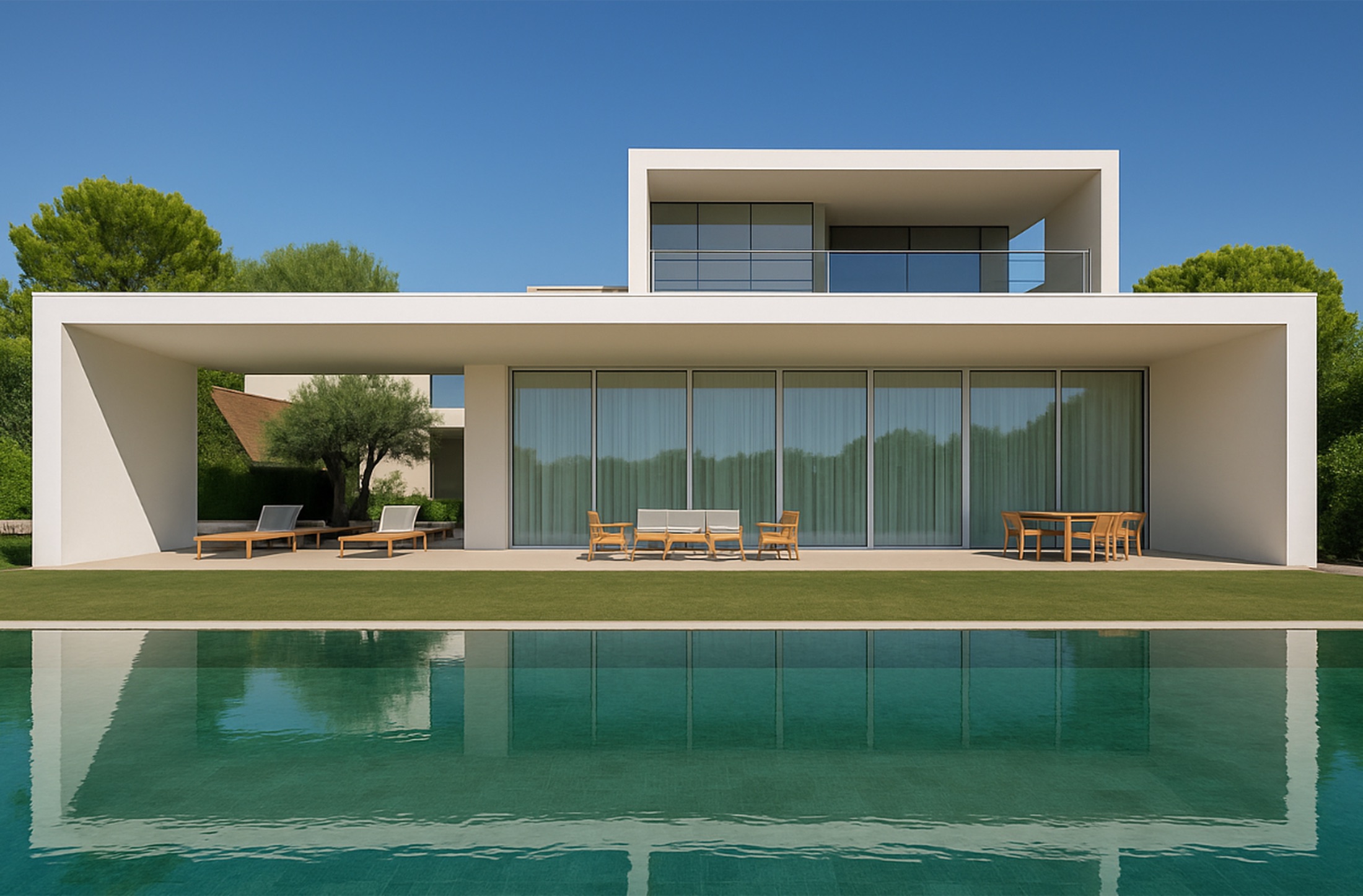 A modernist white villa mirrored in a still reflecting pool