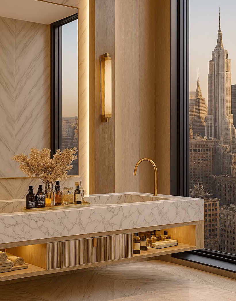 Stone vanity and wood cabinetry beside a tall window