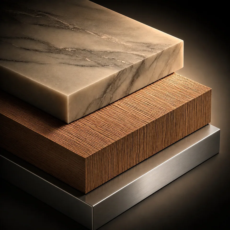 A material study of layered stone, wood and brushed metal