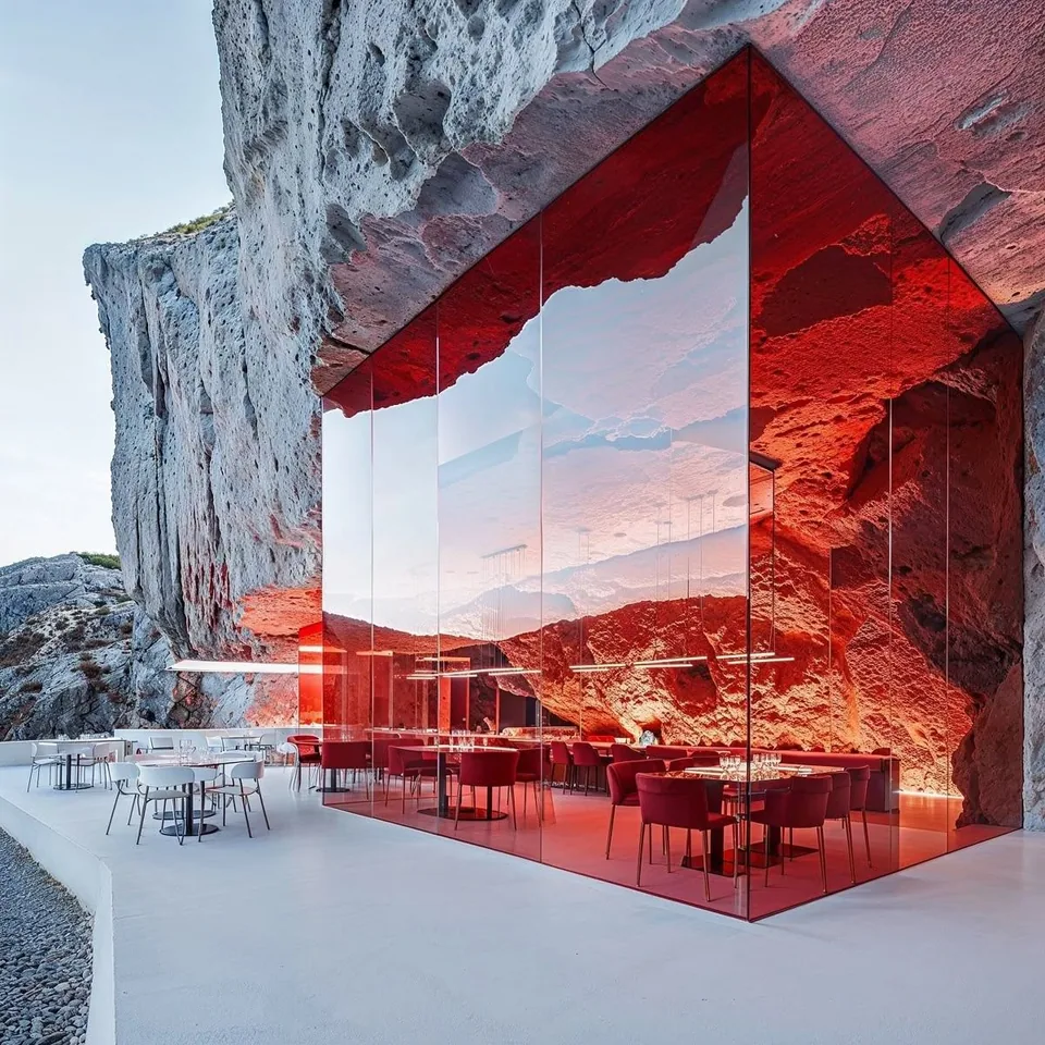 Red-toned glass dining pavilion set beneath a rock overhang beside an exterior terrace