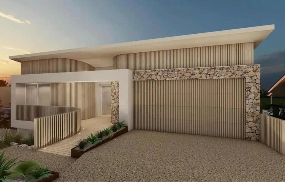 Architectural rendering of a low modern residence with a broad white roof, vertical brown screens, pale stone walls, a curved entry walk, and a sunset sky