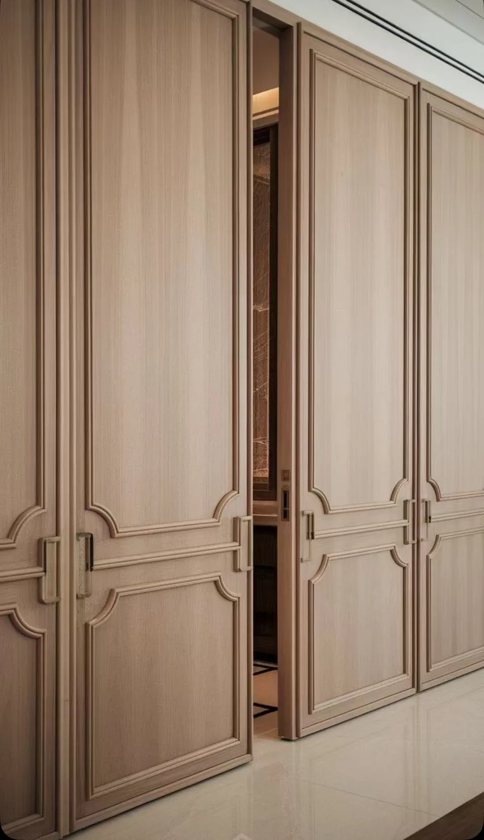Tall paneled light-wood doors standing open in an interior