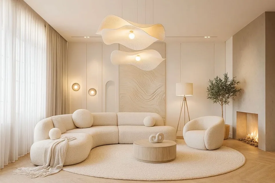 Warm neutral living room with sculptural pendant lights, a curved sofa, and a modern fireplace
