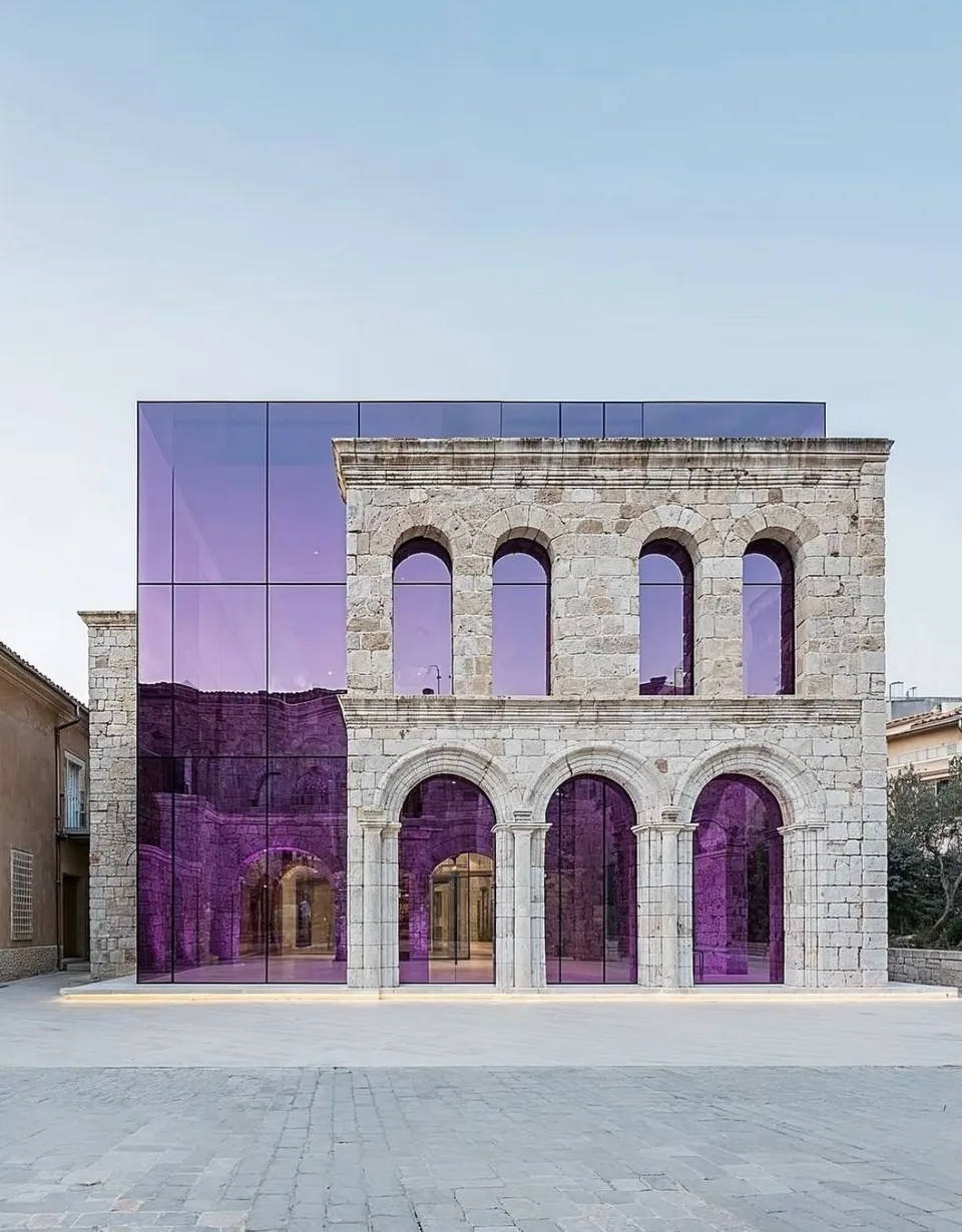 Stone façade with two levels of arched openings beside a tall purple glass volume across a paved forecourt