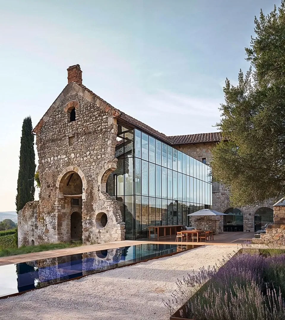 Stone building joined to a gridded glass addition beside a long reflecting pool and purple flowering beds