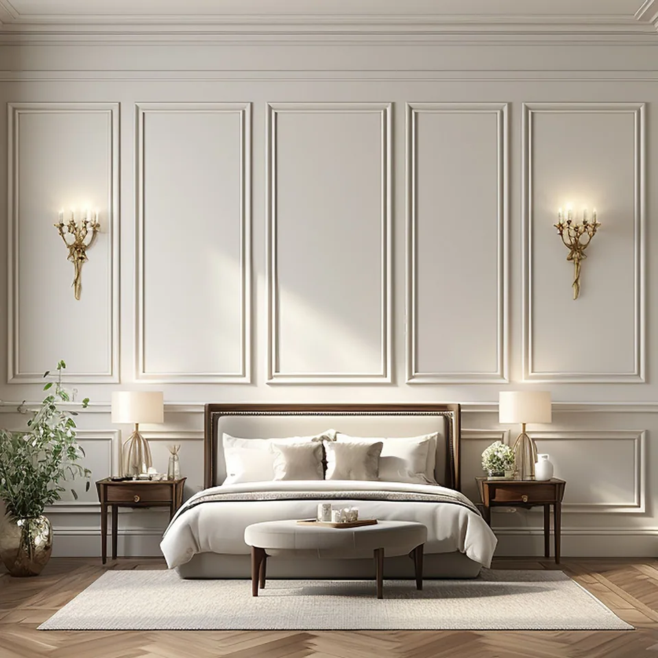 Symmetrical pale bedroom with a centered bed, matching bedside tables and lamps, tall wall mouldings, two sconces, an upholstered bench, a pale rug, and patterned flooring