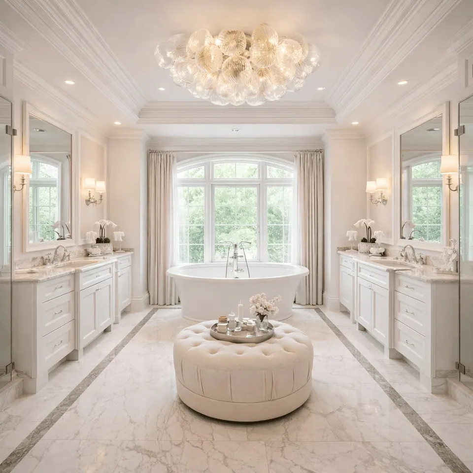 Symmetrical white bathroom with paired vanities, wall mirrors, a freestanding tub beneath an arched window, a round tufted ottoman, and a clustered translucent ceiling fixture