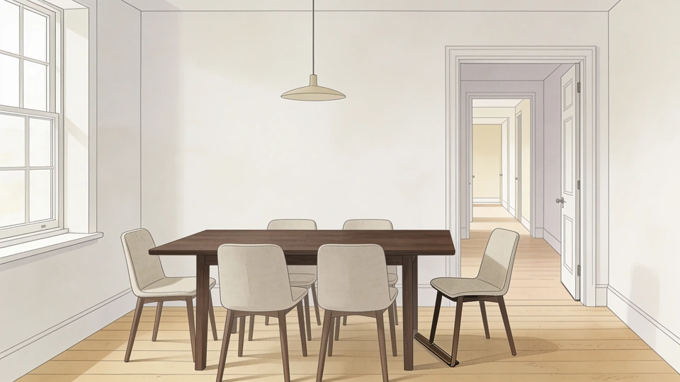 AI-generated architectural illustration of a dark dining table, upholstered chairs and an open doorway to a hall.