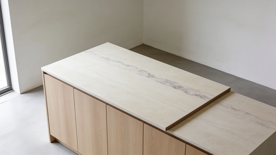AI-generated illustration of layered pale stone planes over oak cabinetry in a quiet room.