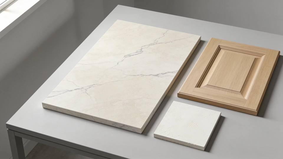 AI-generated illustration of a pale stone sample, an oak cabinet door and a white finish panel on a table.