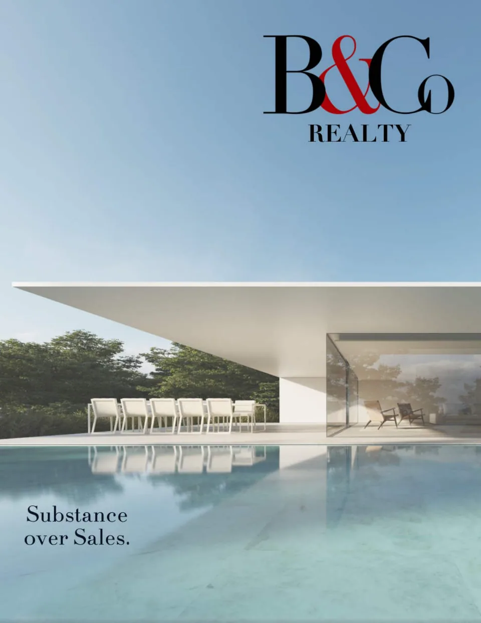 B&Co. Realty magazine cover — a minimalist poolside pavilion