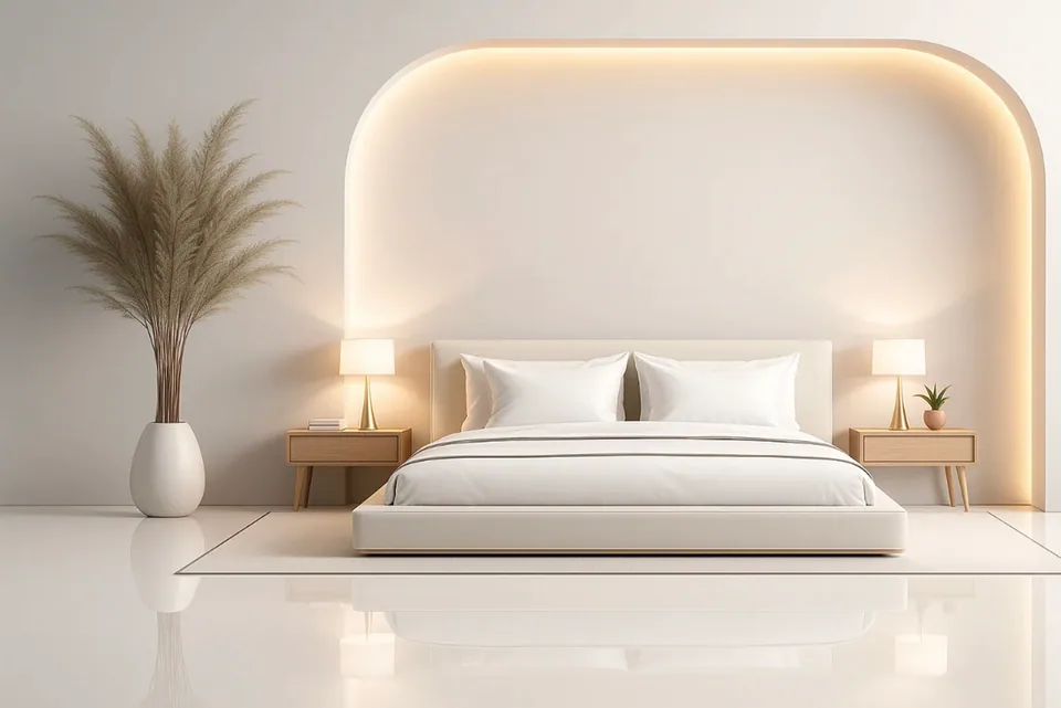 Minimal bedroom with a softly illuminated curved wall recess