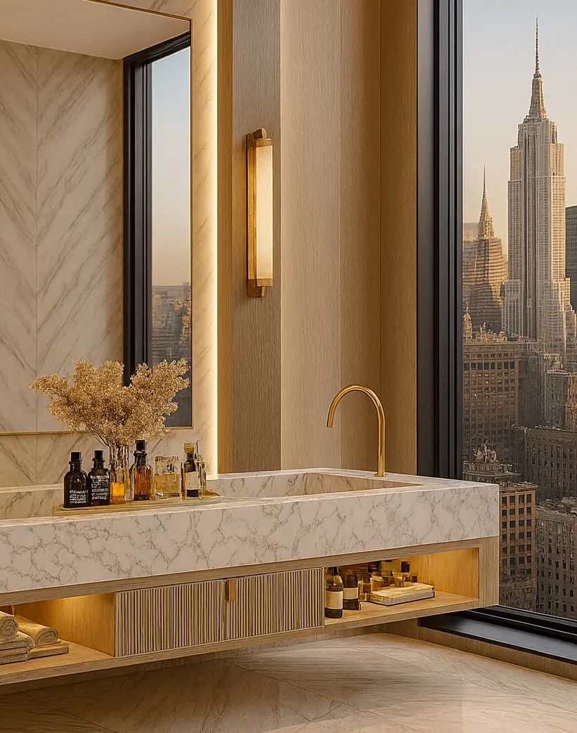 Stone vanity and wood cabinetry beside a tall window