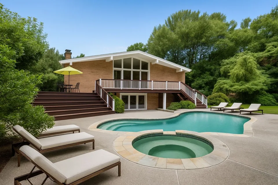 46 Overlook Road, Alpine — heated gunite pool and rear elevation